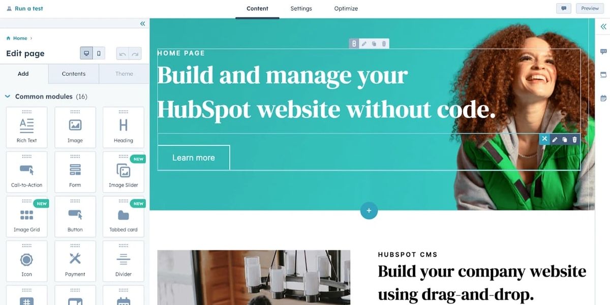 HubSpot oferuje bezpłatne narzędzie do tworzenia witryn typu „przeciągnij i upuść” jako alternatywę dla Wix