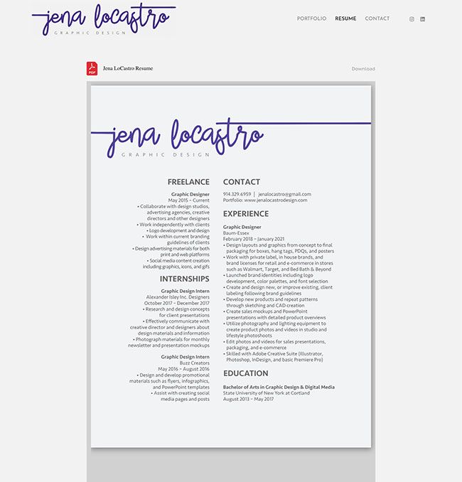 Веб-сайт резюме графического дизайнера Jena Locastro