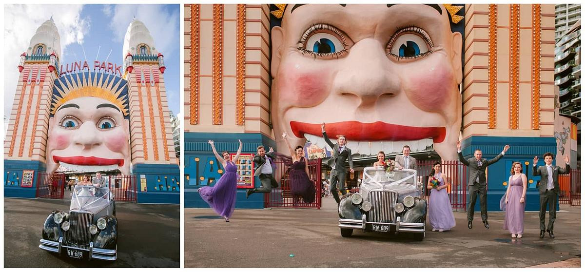 Playful wedding photography capturing the bridal party’s energy and joy in front of the iconic entrance of Luna Park Sydney.