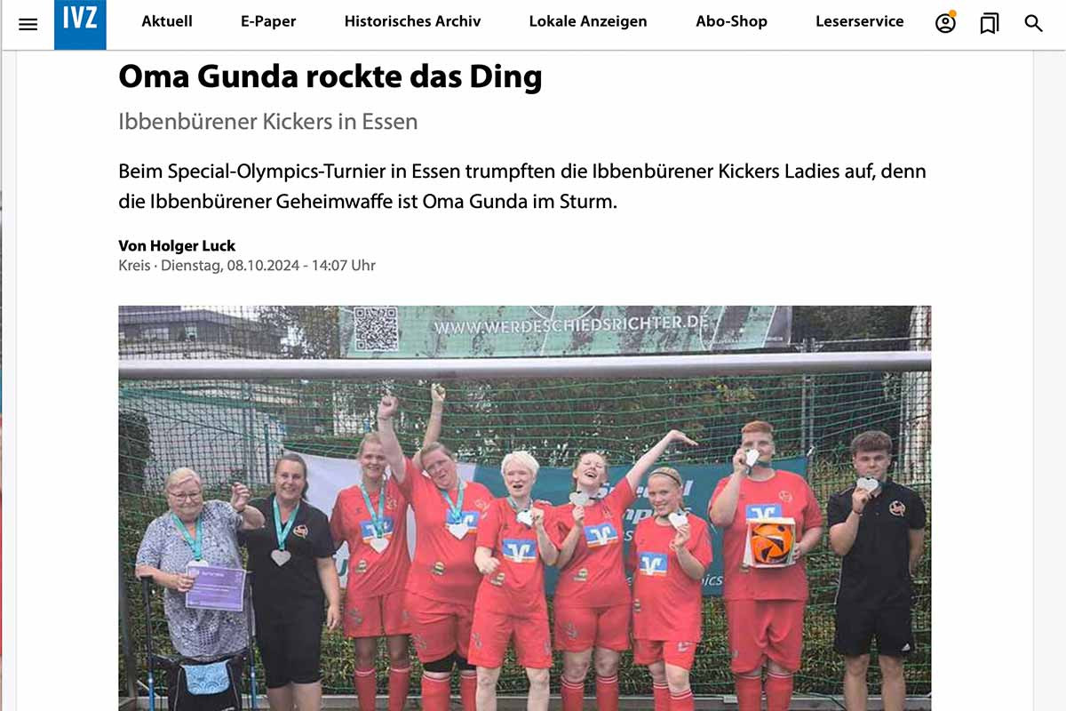 Die Ibbenbürener Kickers Ladies hatten einen großen Auftritt beim Special-Olympics-Turnier in Essen. Besonders wusste die 80-jährige „Oma Gunda“ mit Ihren Rollator zu überzeugen.