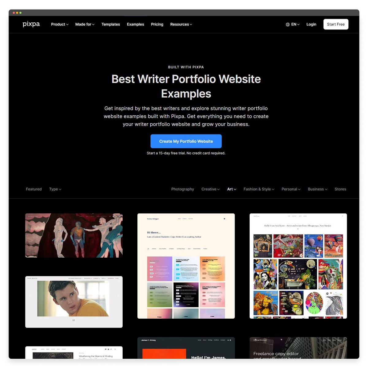 Pixpa's writer portfolio website example page
